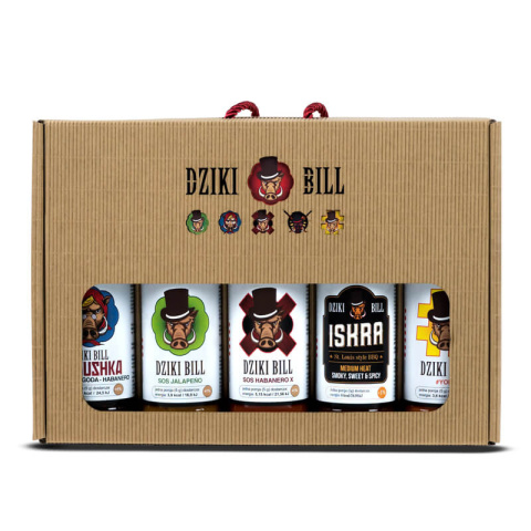 Zestaw 5 ostrych sosów Dziki Bill DEGUSTATOR Babushka, Jalapeno, Iskra, Habanero X, YOLO 5 x 200 ml