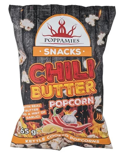 Ostry popcorn Poppamies Chili Butter z masłem i czosnkiem, 65g Ostry popcorn Poppamies Chili Butter z masłem i czosnkiem, 65g
